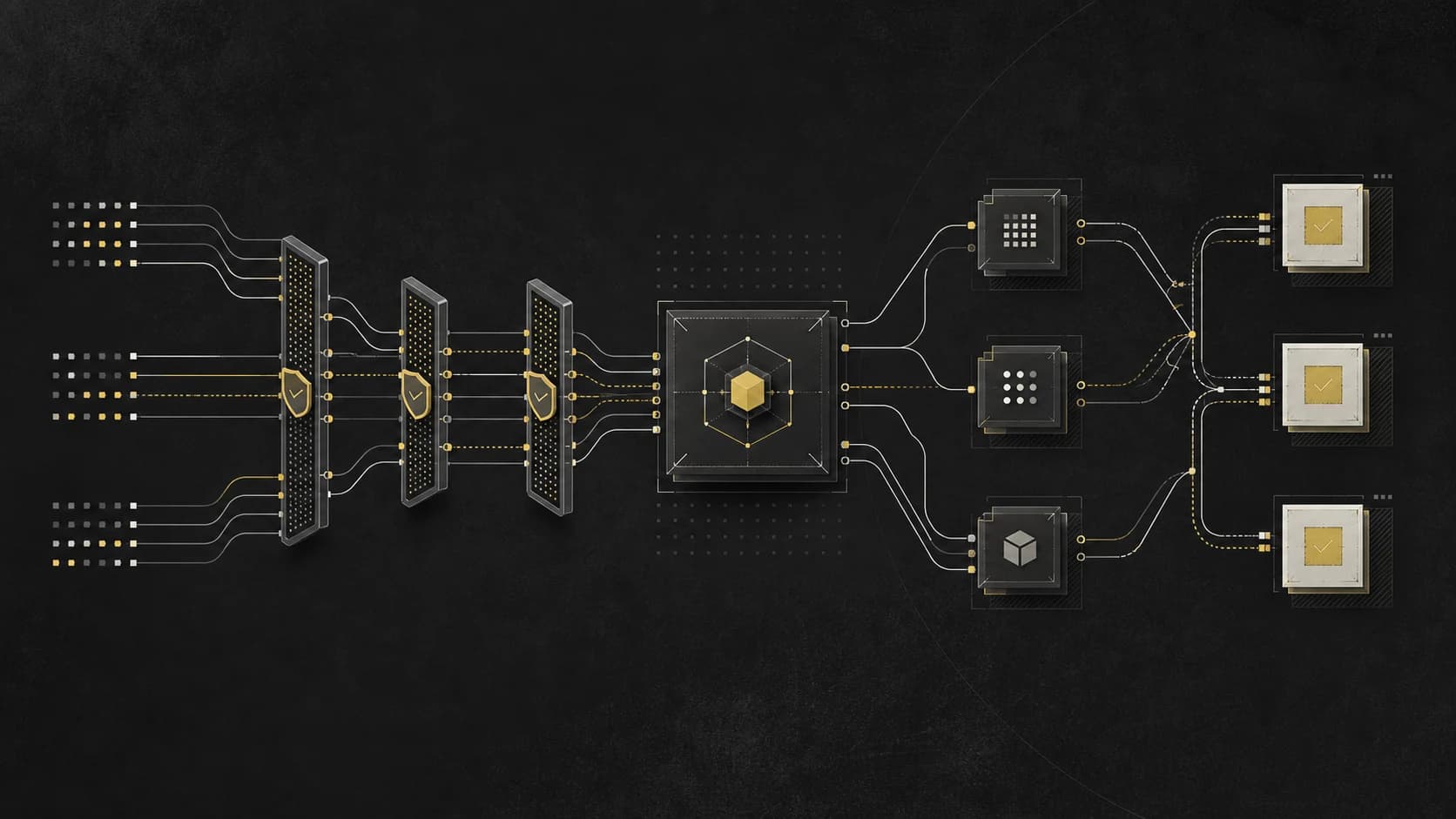 Abstract editorial illustration of data paths passing through guarded orchestration gates toward verified outputs.